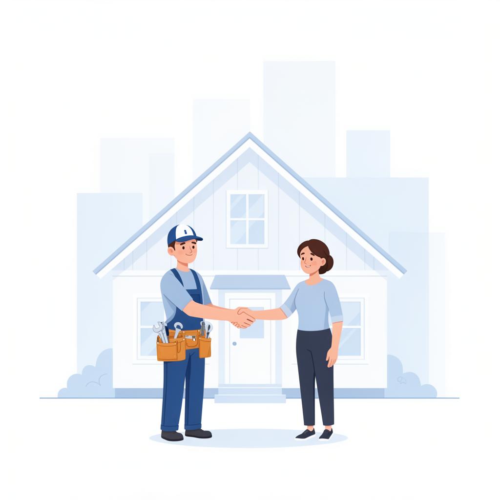 A HandyFin worker shaking hands with a happy customer in front of a Finnish home